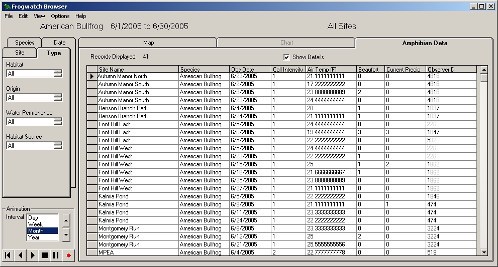 Screen shot of the program showing a data table containing the details of the information displayed in the map. The screen image also shows the ability to select sites based on their characteristics.