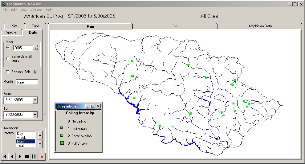 Information visualization program screen shot showing date range selection user interface for controlling the animation and a snapshot from the animated map of a county with bull frog activity.
